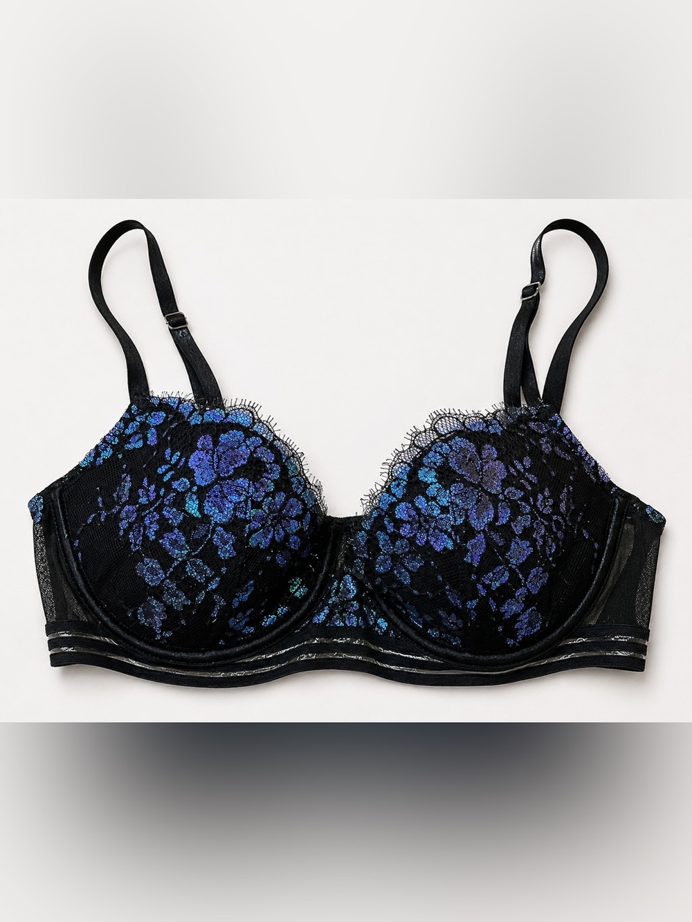 Victoria’s Secret Wicked Unlined Uplift Bra 32C Black Iridescent Blue Purple